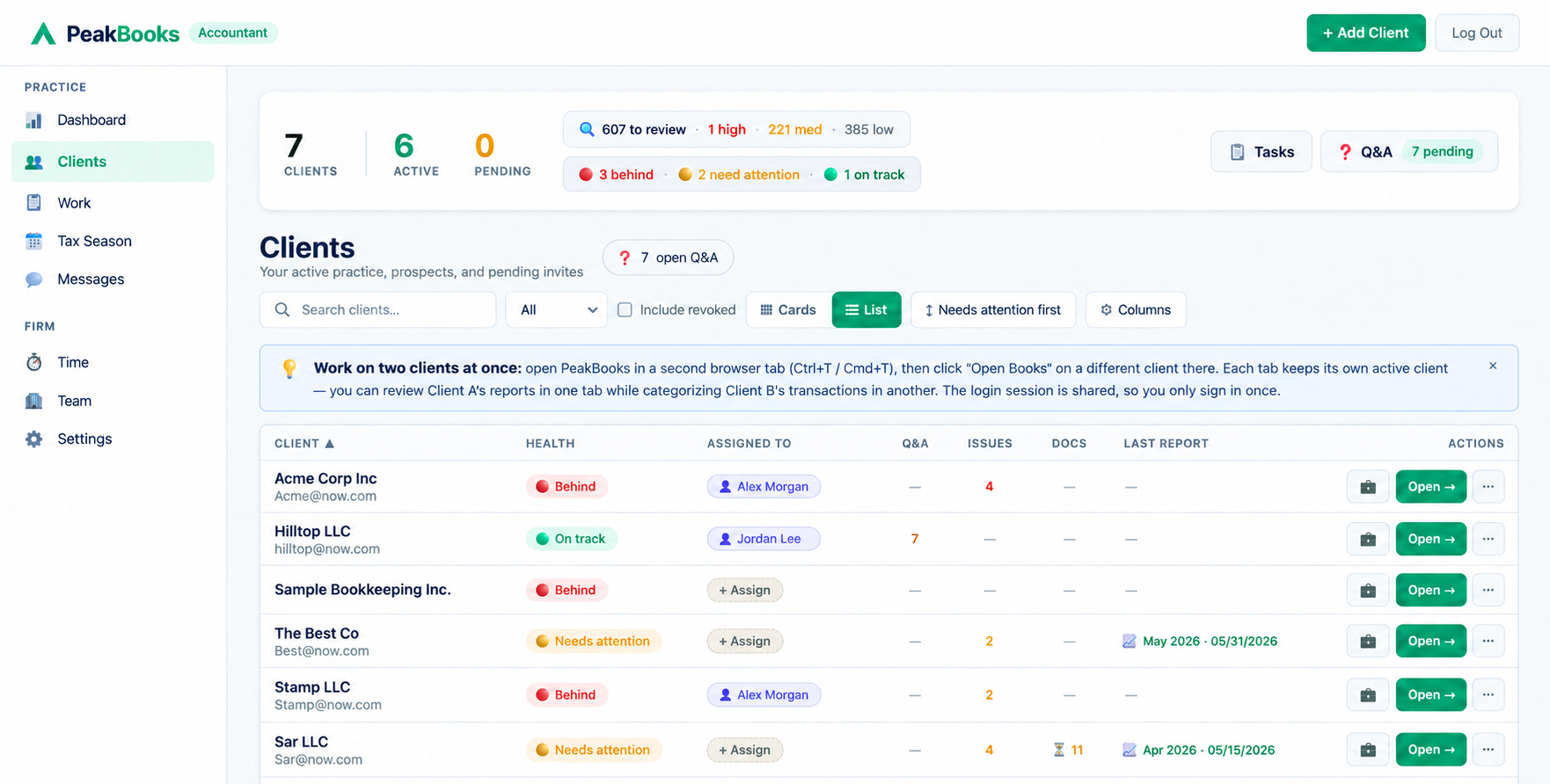 PeakBooks accountant portal illustration in the updated light theme, showing client status, assignments and review issues
